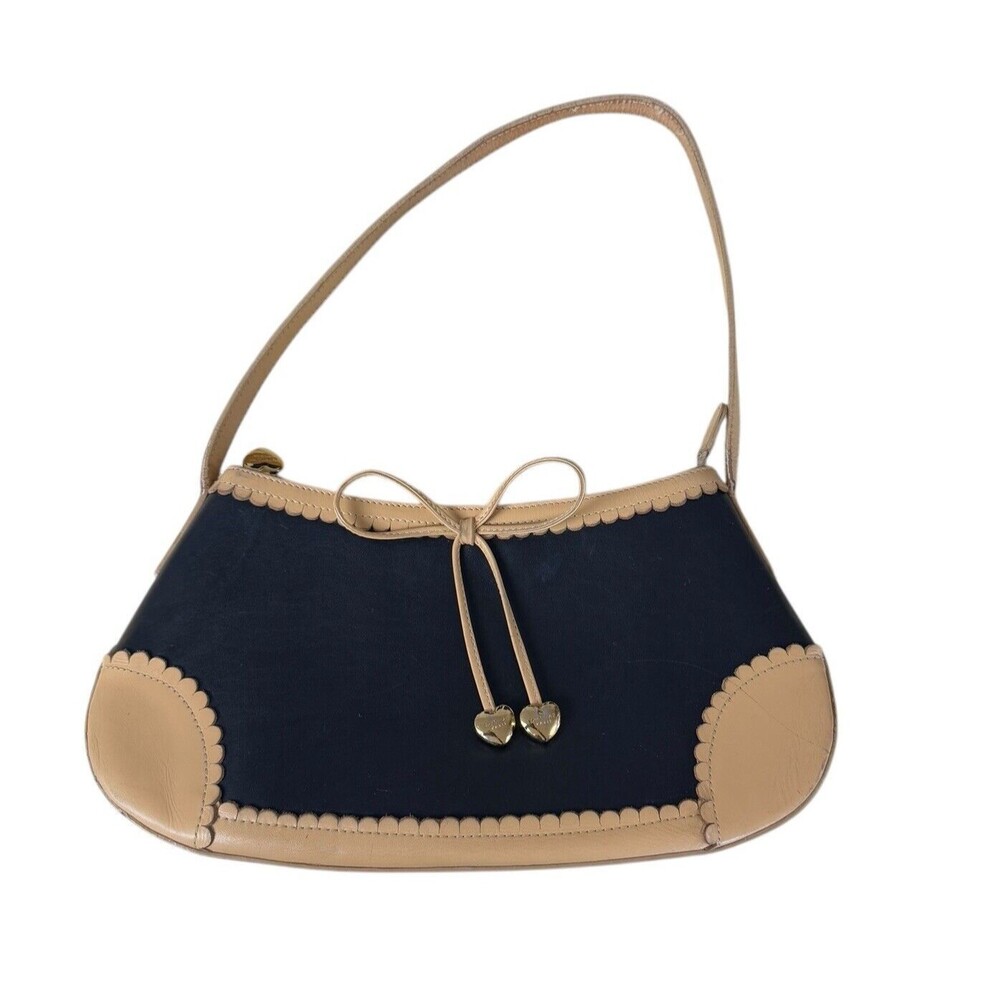 Lovecat Paris Y2K Leather Shoulder Bag 2 Tone Bow Scalloped Black Tan 90s 1990